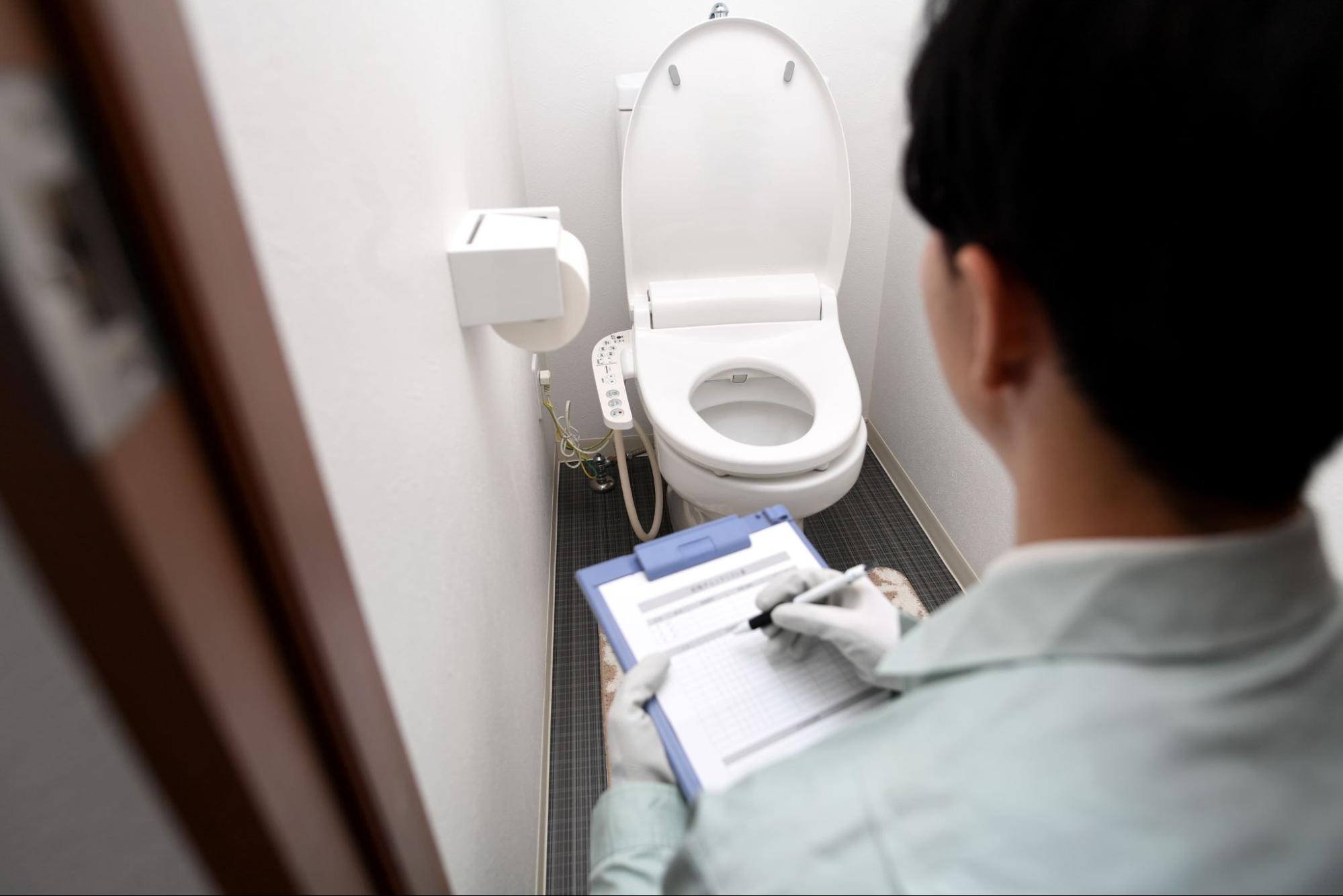 plumber inspecting clogged toilet